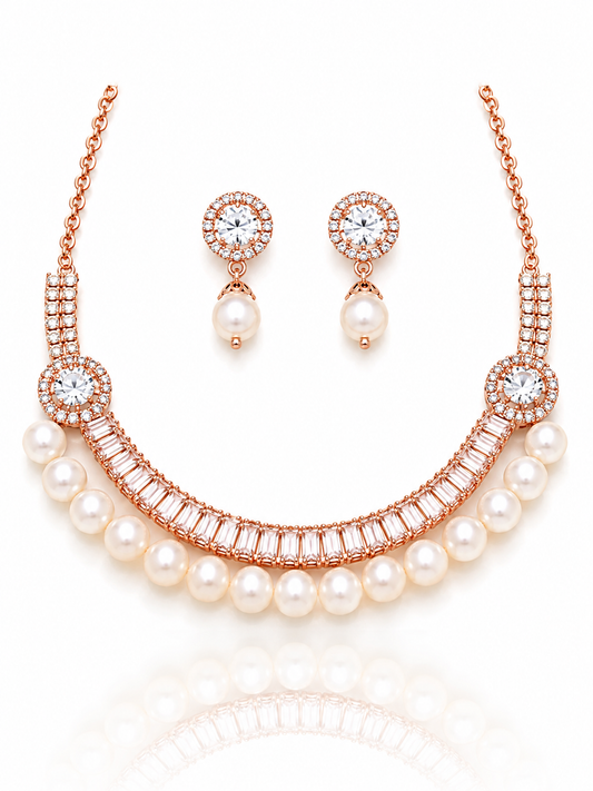 Meher Rose Gold Platted Pearl Necklace & Earring Set