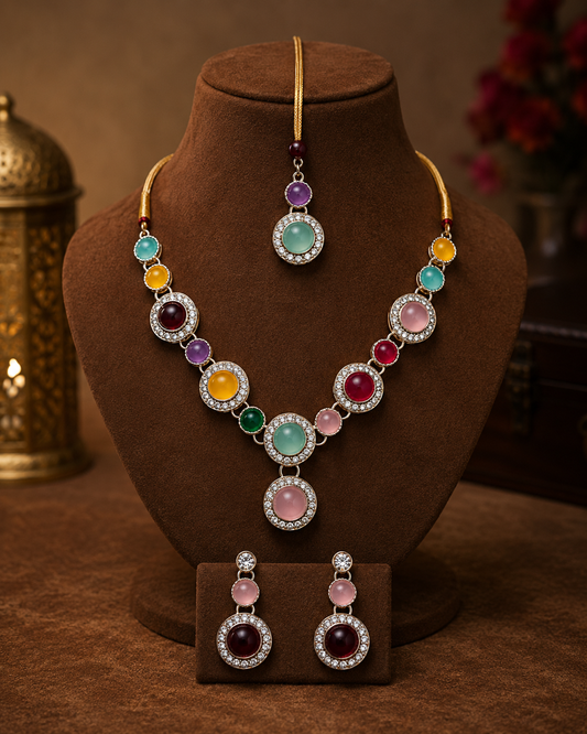 Zehra Multicolour Gemstone Necklace & Maang Tikka Jewellery Set