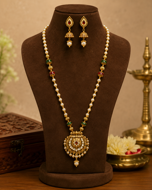 Navrang Pearl & Multicolour Stone Long Mala Necklace with Earrings