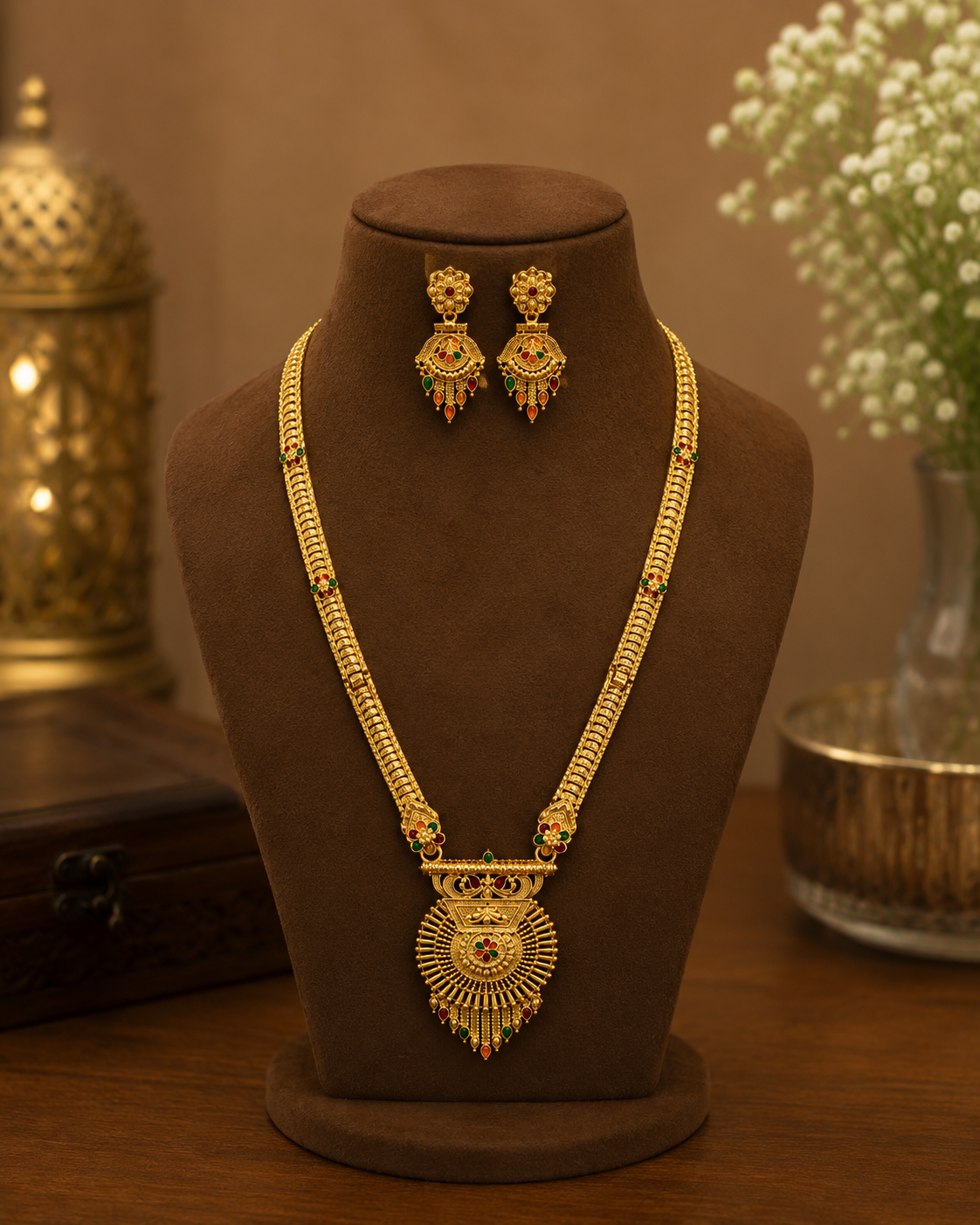 Rajveer Royal Gold Plated Long Mala Necklace & Earring Set