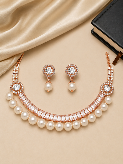 Meher Rose Gold Platted Pearl Necklace & Earring Set