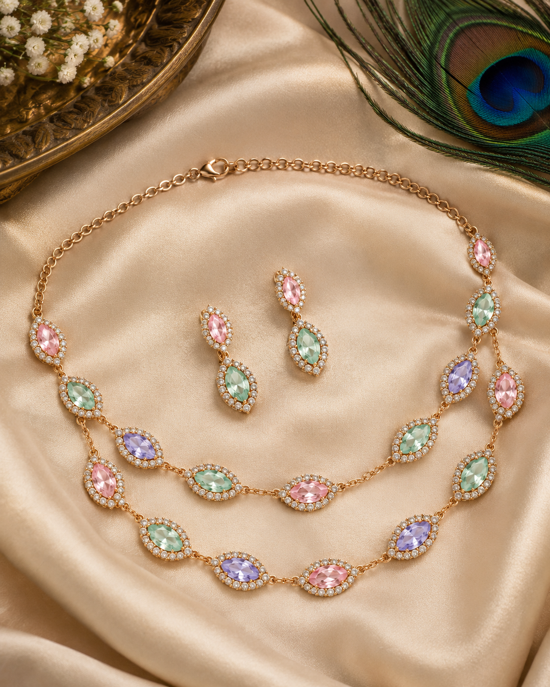 Aadhira Rose Gold-Plated Multicolour Diamond-Studded 2-Layer Necklace Set with Matching Earrings for Women | Kosubh