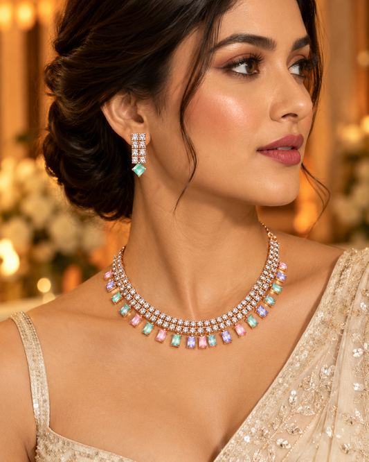 Anvika Rose Gold-Plated Multicolour Diamond-Studded 2-Layer Necklace Set with Matching Earrings for Women | Kosubh