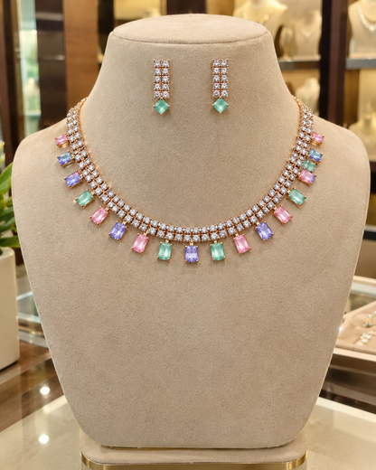 Anvika Rose Gold-Plated Multicolour Diamond-Studded 2-Layer Necklace Set with Matching Earrings for Women | Kosubh