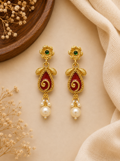 Shree Vamika Red Ruby Long Mala Set – 18K Gold Plated