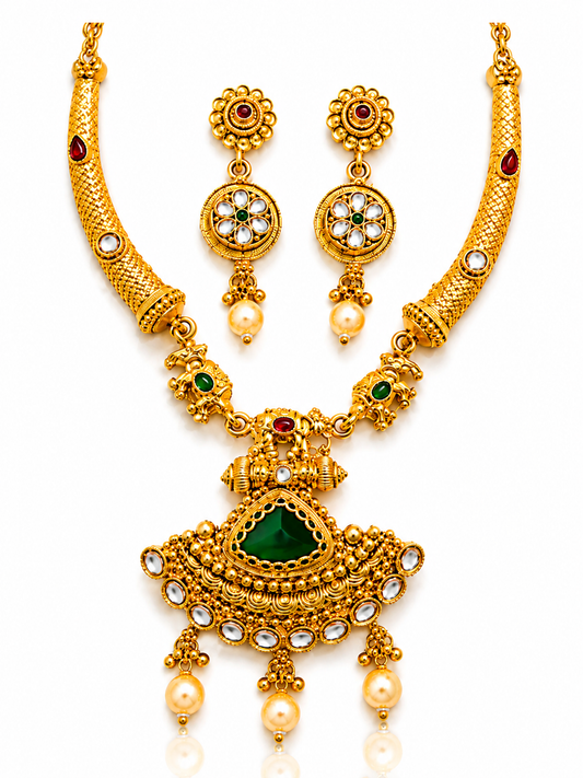 Antique 18K Gold Plated Kundan Necklace &amp; Earring Set with Emerald-Green Stone