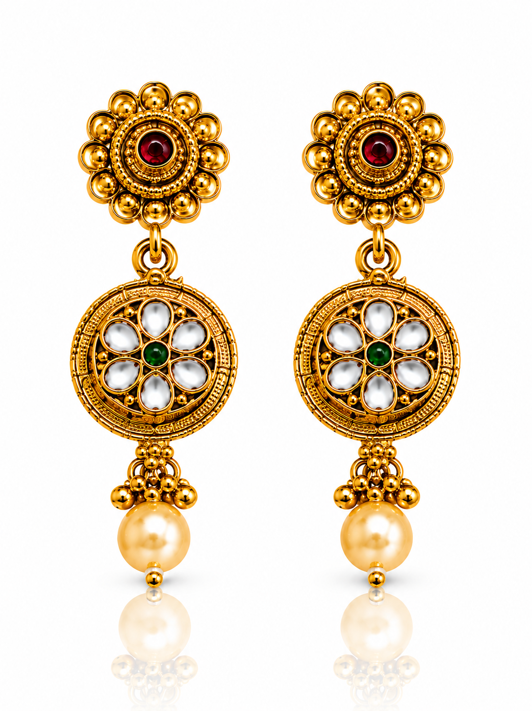 Antique 18K Gold Plated Kundan Necklace &amp; Earring Set with Emerald-Green Stone