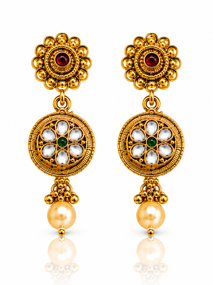 Antique 18K Gold Plated Kundan Necklace &amp; Earring Set with Emerald-Green Stone
