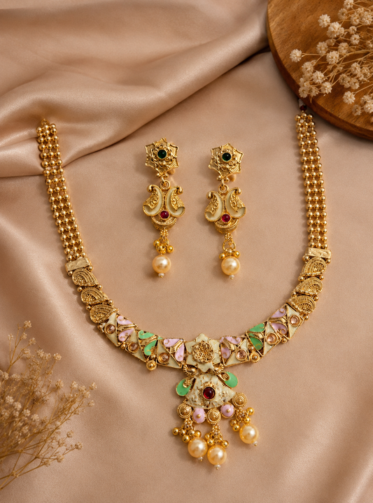Saanvi 18K Gold Platted Minimal Temple Necklace Set