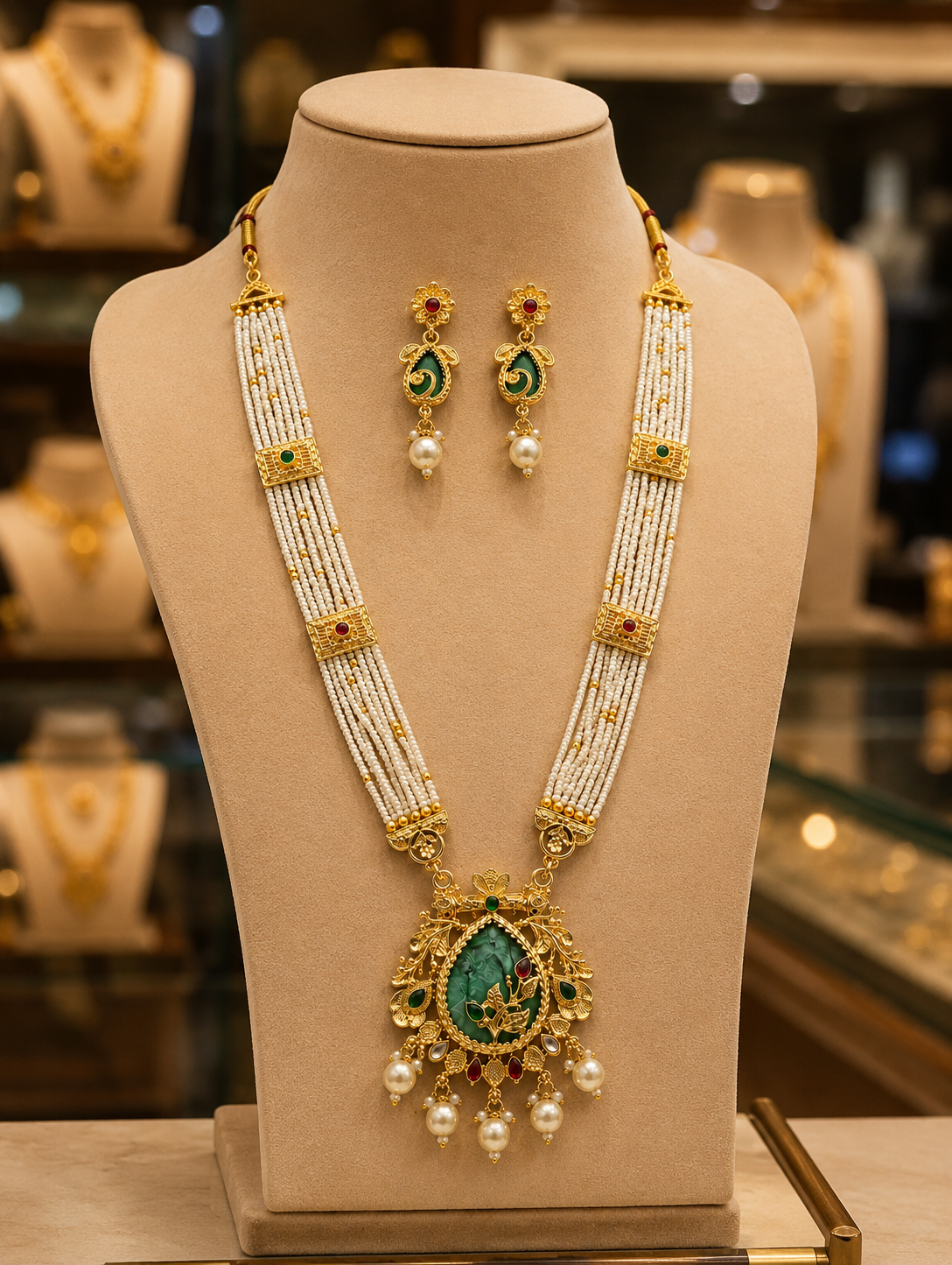 Annapurna Green Ruby Heritage Long Mala Set  18K Gold Plated