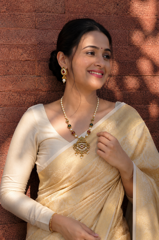 Navrang Pearl & Multicolour Stone Long Mala Necklace with Earrings