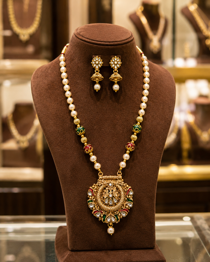 Rangika Pearl Multicolour Stone Long Mala & Earring Set