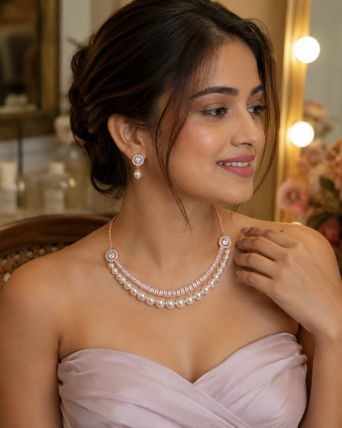 Meher Rose Gold Platted Pearl Necklace & Earring Set