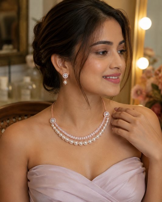 Meher Rose Gold Platted Pearl Necklace & Earring Set