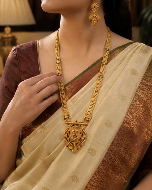 Rajveer Royal Gold Plated Long Mala Necklace & Earring Set