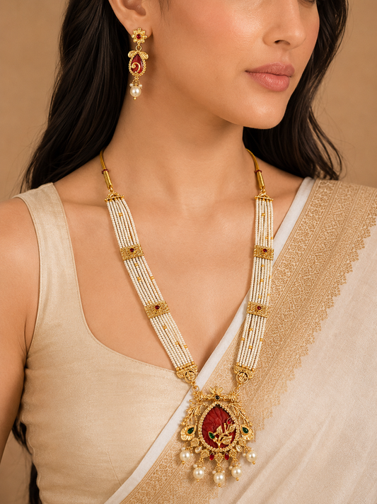 Shree Vamika Red Ruby Long Mala Set – 18K Gold Plated