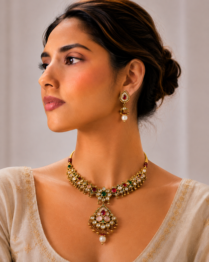 Devika Temple Grace  18K Gold Plated Heritage Necklace Set