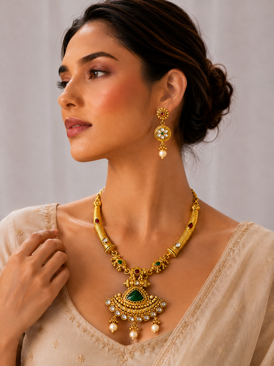 Antique 18K Gold Plated Kundan Necklace &amp; Earring Set with Emerald-Green Stone