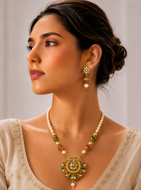 Rangika Pearl Multicolour Stone Long Mala & Earring Set