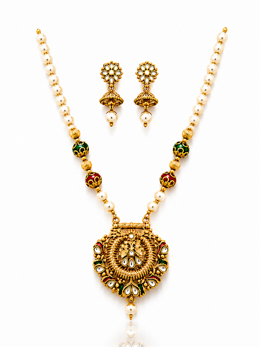 Rangika Pearl Multicolour Stone Long Mala & Earring Set