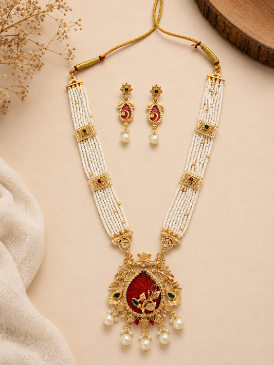 Shree Vamika Red Ruby Long Mala Set – 18K Gold Plated