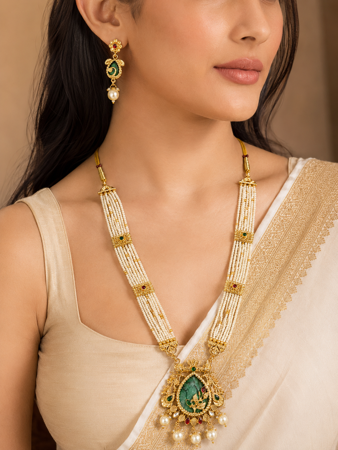 Annapurna Green Ruby Heritage Long Mala Set  18K Gold Plated