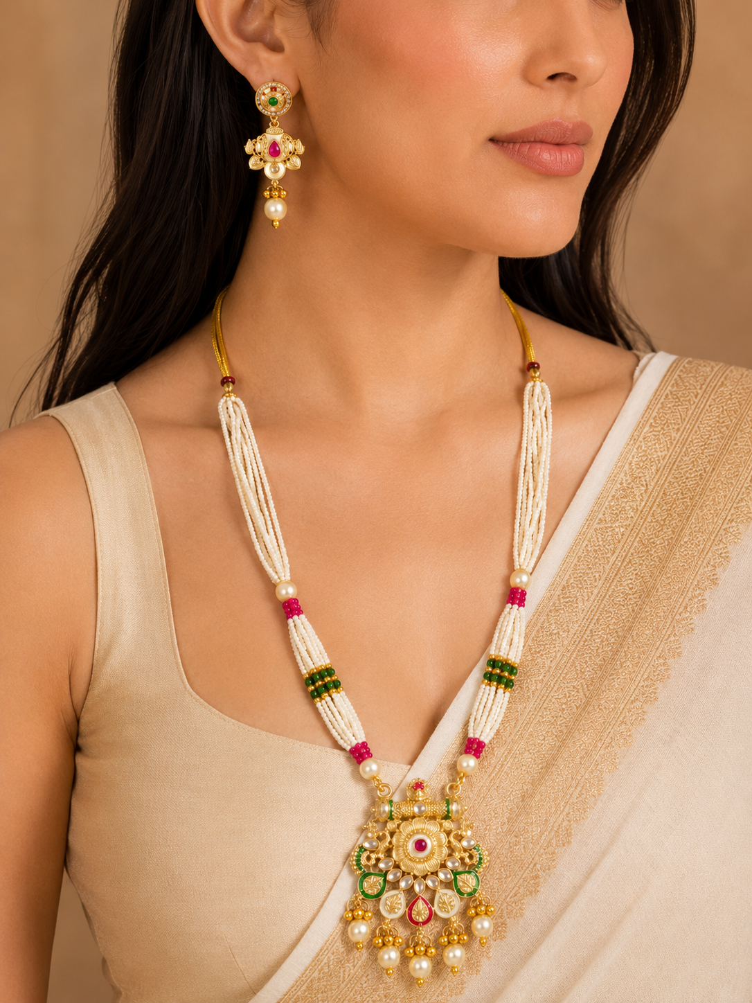 Rajwada Suvarna Long Mala Set  18K Gold Plated