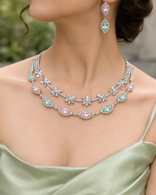 Inaya Silver-Plated Multicolour Diamond-Studded 2-Layer Necklace Set with Matching Earrings for Women | Kosubh