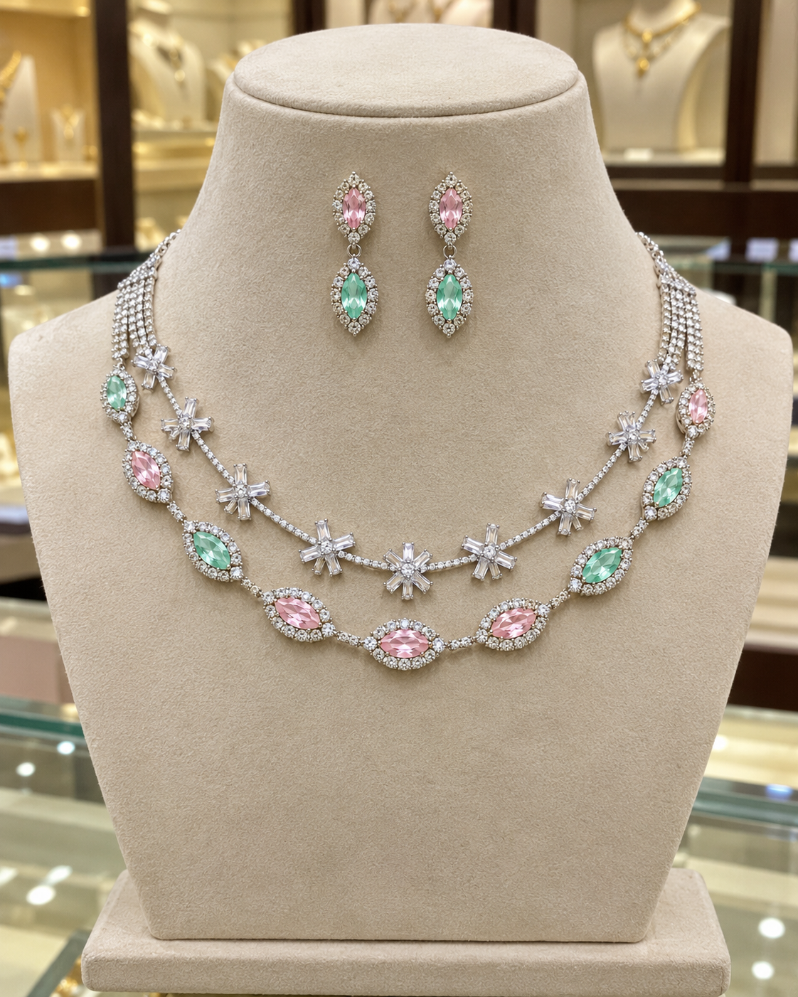 Inaya Silver-Plated Multicolour Diamond-Studded 2-Layer Necklace Set with Matching Earrings for Women | Kosubh