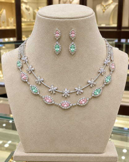 Inaya Silver-Plated Multicolour Diamond-Studded 2-Layer Necklace Set with Matching Earrings for Women | Kosubh