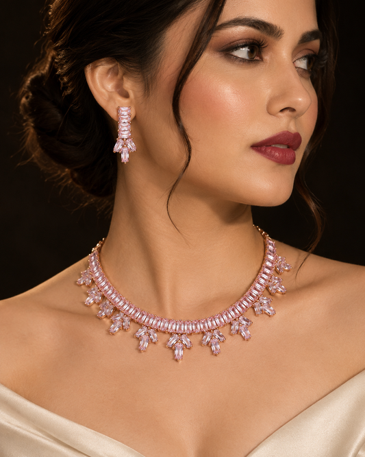 Ishita Rose Gold-Plated Diamond-Studded Necklace Set with Matching Earrings for Women | Kosubh