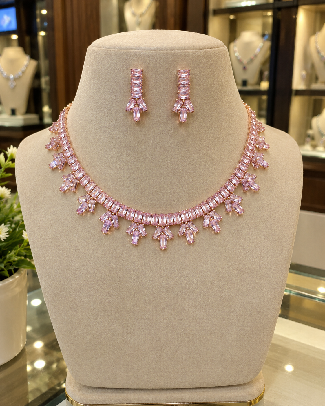 Ishita Rose Gold-Plated Diamond-Studded Necklace Set with Matching Earrings for Women | Kosubh