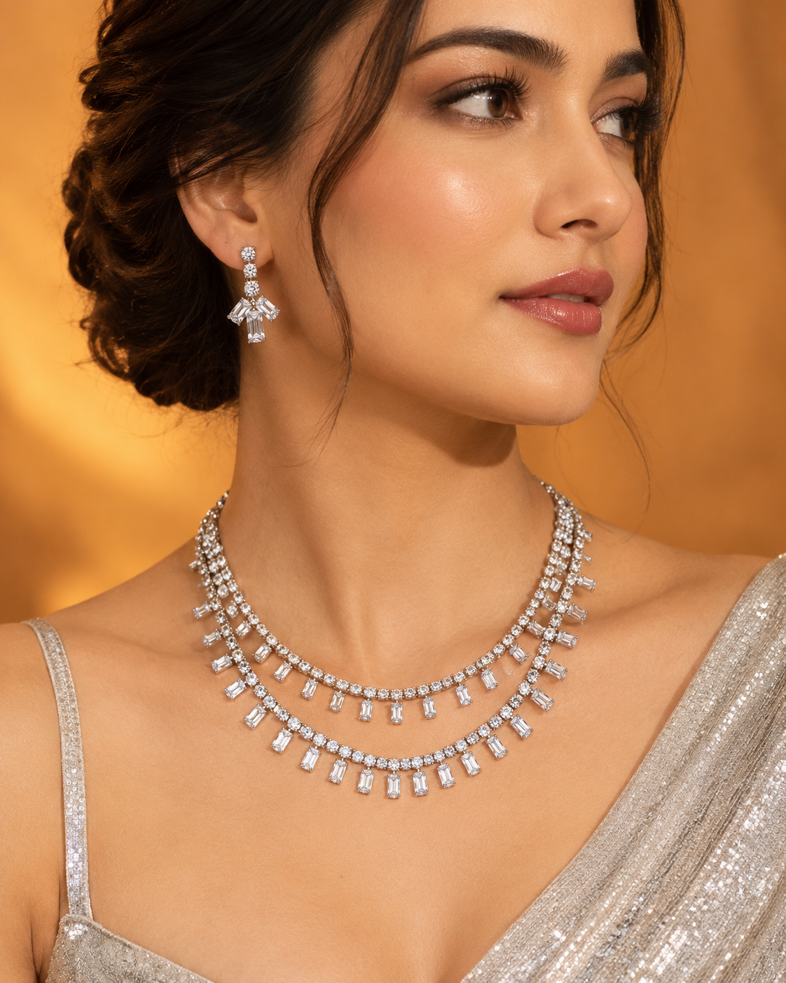 Myra Silver-Plated Diamond-Studded 2-Layer Necklace Set with Matching Earrings for Women | Kosubh
