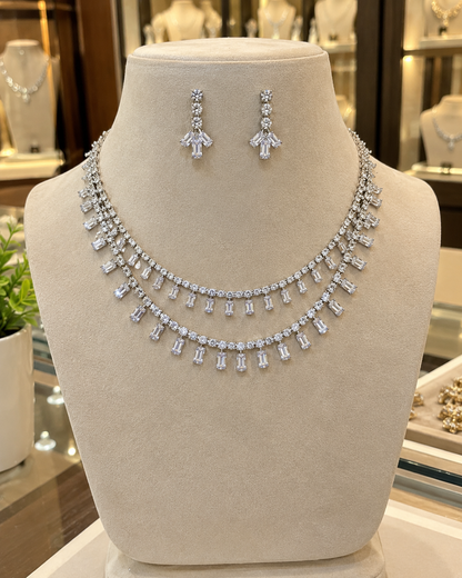 Myra Silver-Plated Diamond-Studded 2-Layer Necklace Set with Matching Earrings for Women | Kosubh