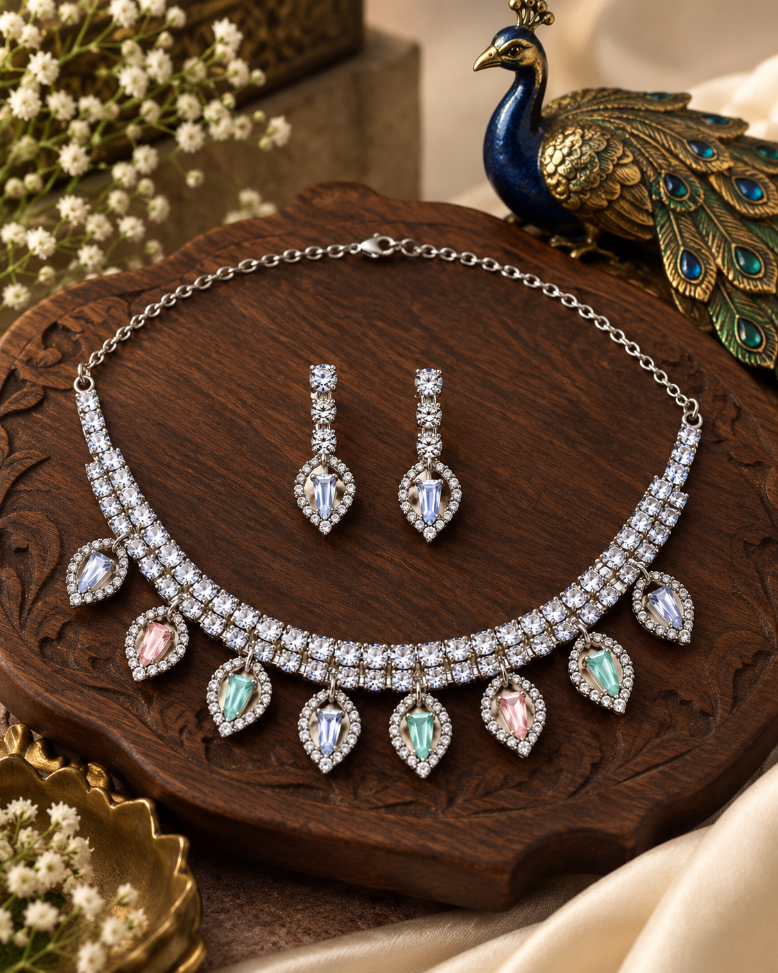 Navya Silver-Plated Multicolour Diamond-Studded Necklace Set with Matching Earrings for Women | Kosubh