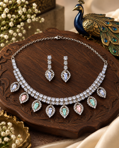 Navya Silver-Plated Multicolour Diamond-Studded Necklace Set with Matching Earrings for Women | Kosubh