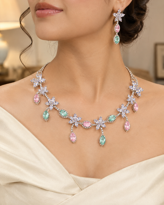 Prisha Silver-Plated Multicolour Diamond-Studded Necklace Set with Matching Earrings for Women | Kosubh