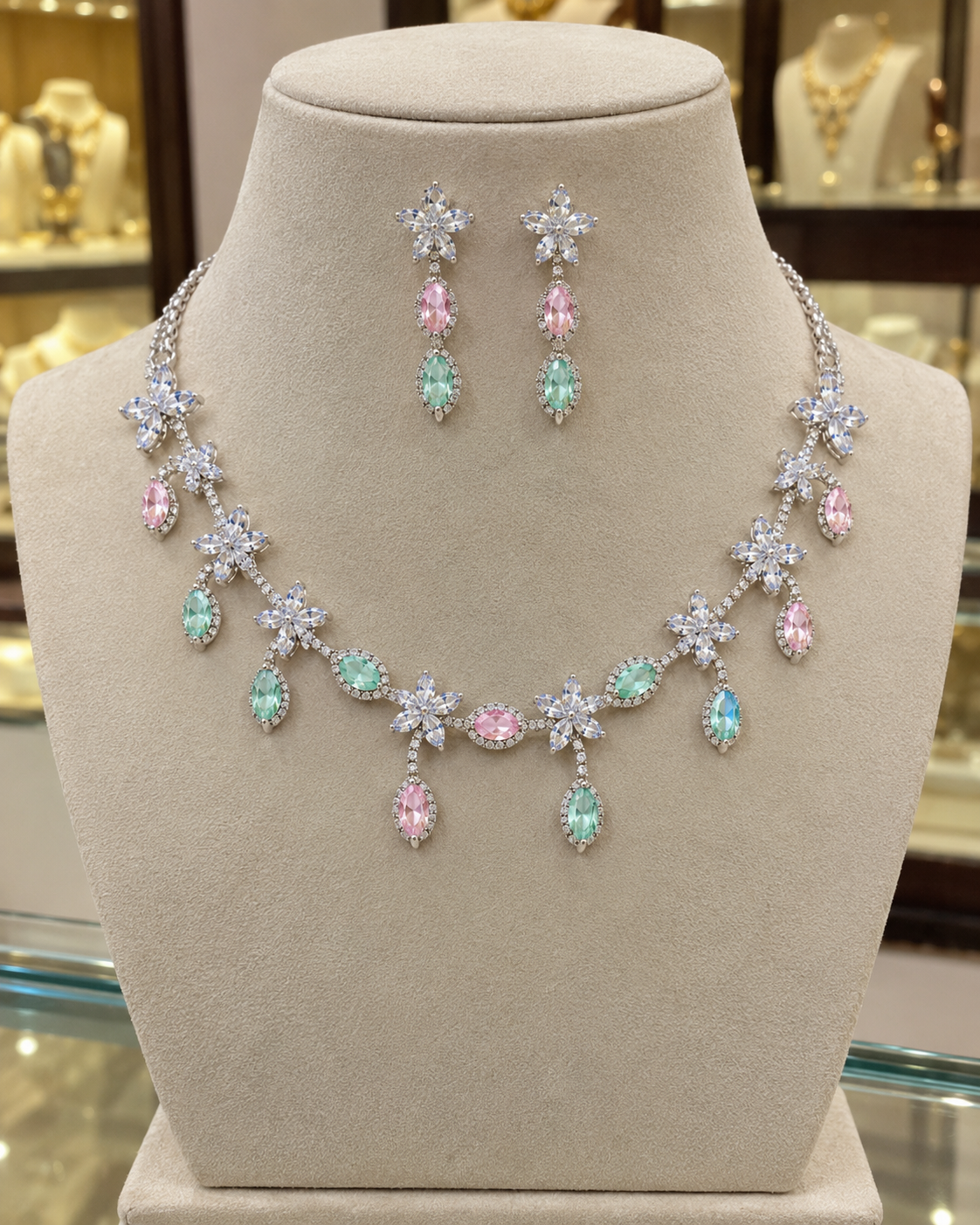 Prisha Silver-Plated Multicolour Diamond-Studded Necklace Set with Matching Earrings for Women | Kosubh