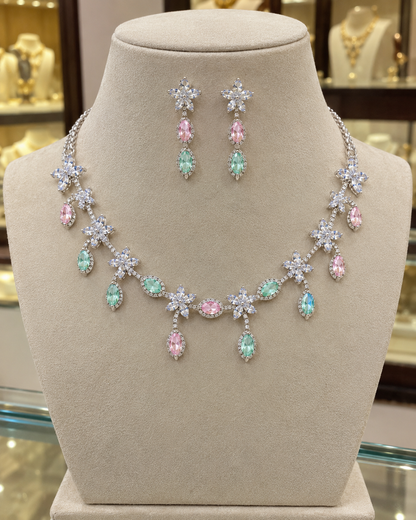 Prisha Silver-Plated Multicolour Diamond-Studded Necklace Set with Matching Earrings for Women | Kosubh