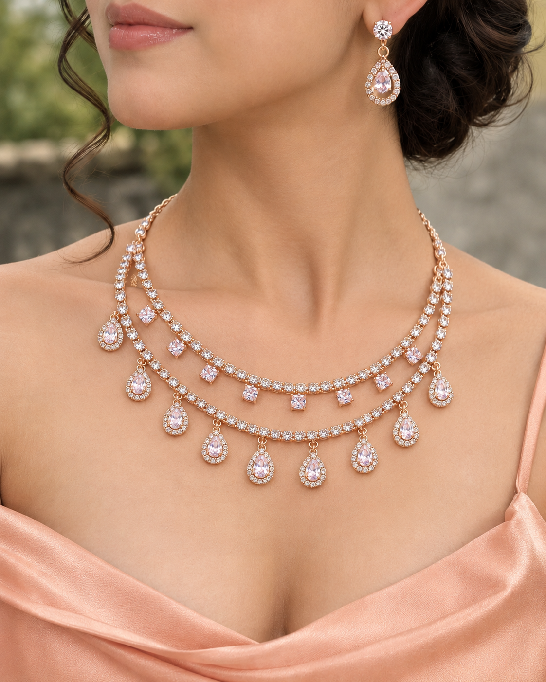Ridhimma Rose Gold-Plated Diamond-Studded Necklace Set with Matching Earrings for Women | Kosubh