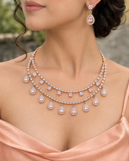 Ridhimma Rose Gold-Plated Diamond-Studded Necklace Set with Matching Earrings for Women | Kosubh