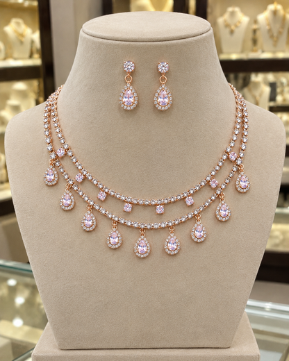 Ridhimma Rose Gold-Plated Diamond-Studded Necklace Set with Matching Earrings for Women | Kosubh