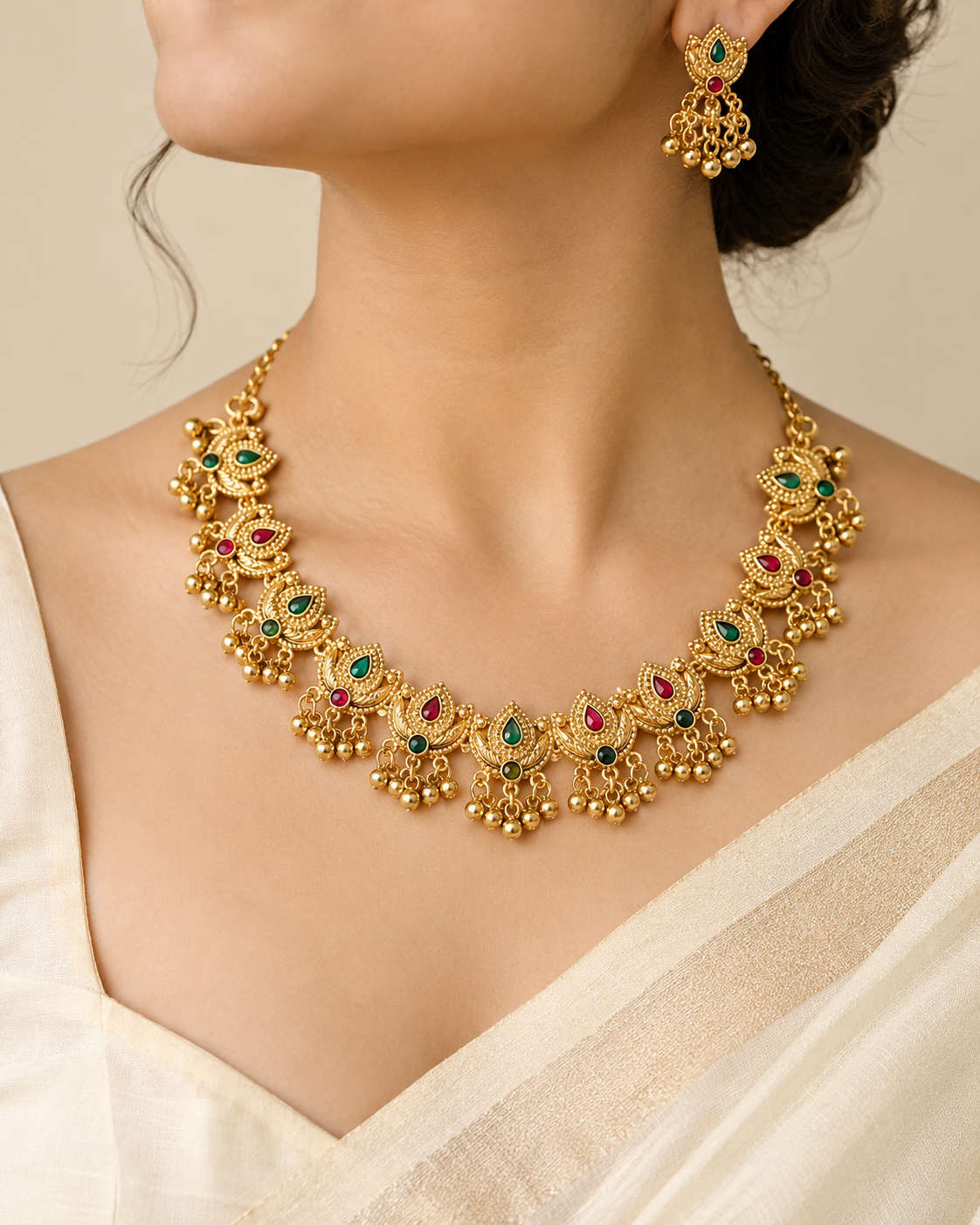 Tanishka Gold-Plated Traditional Temple Necklace Set with Matching Earrings for Women | Kosubh