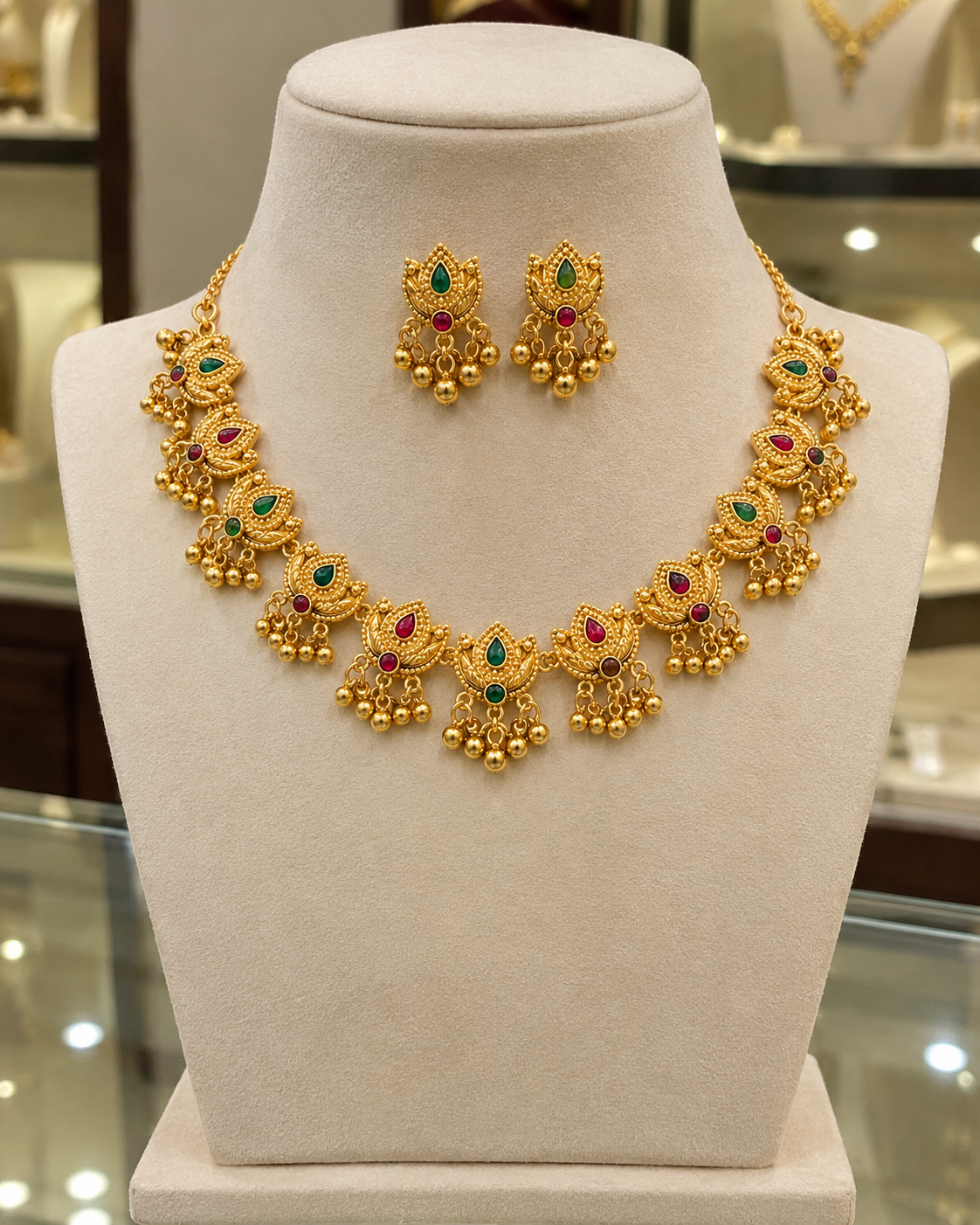 Tanishka Gold-Plated Traditional Temple Necklace Set with Matching Earrings for Women | Kosubh